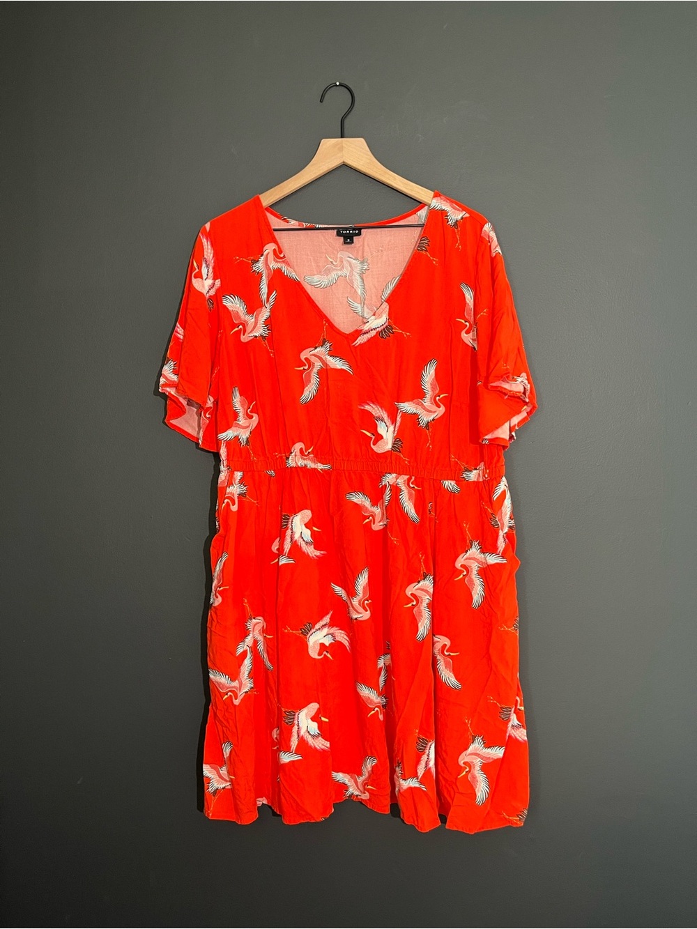 Torrid Bright Orange Crane Print V-Neck Dress with Pockets Size 2